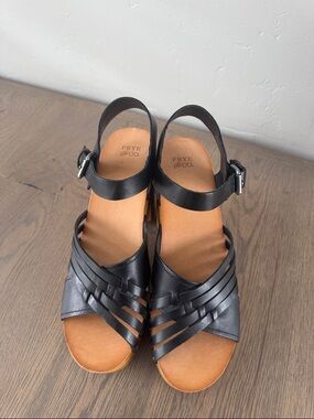 Frye Black Leather Wedge Sandals with Woven Straps